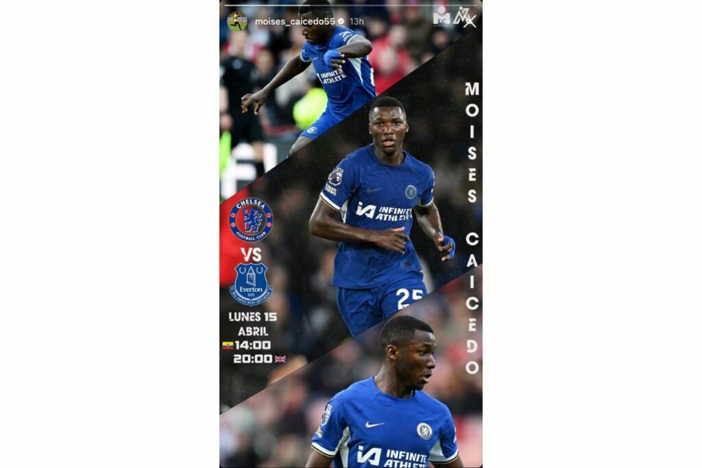 Captura de pantalla del Instagram de Moisés Caicedo donde anuncia el enfrentamiento entre Chelsea y Everton.