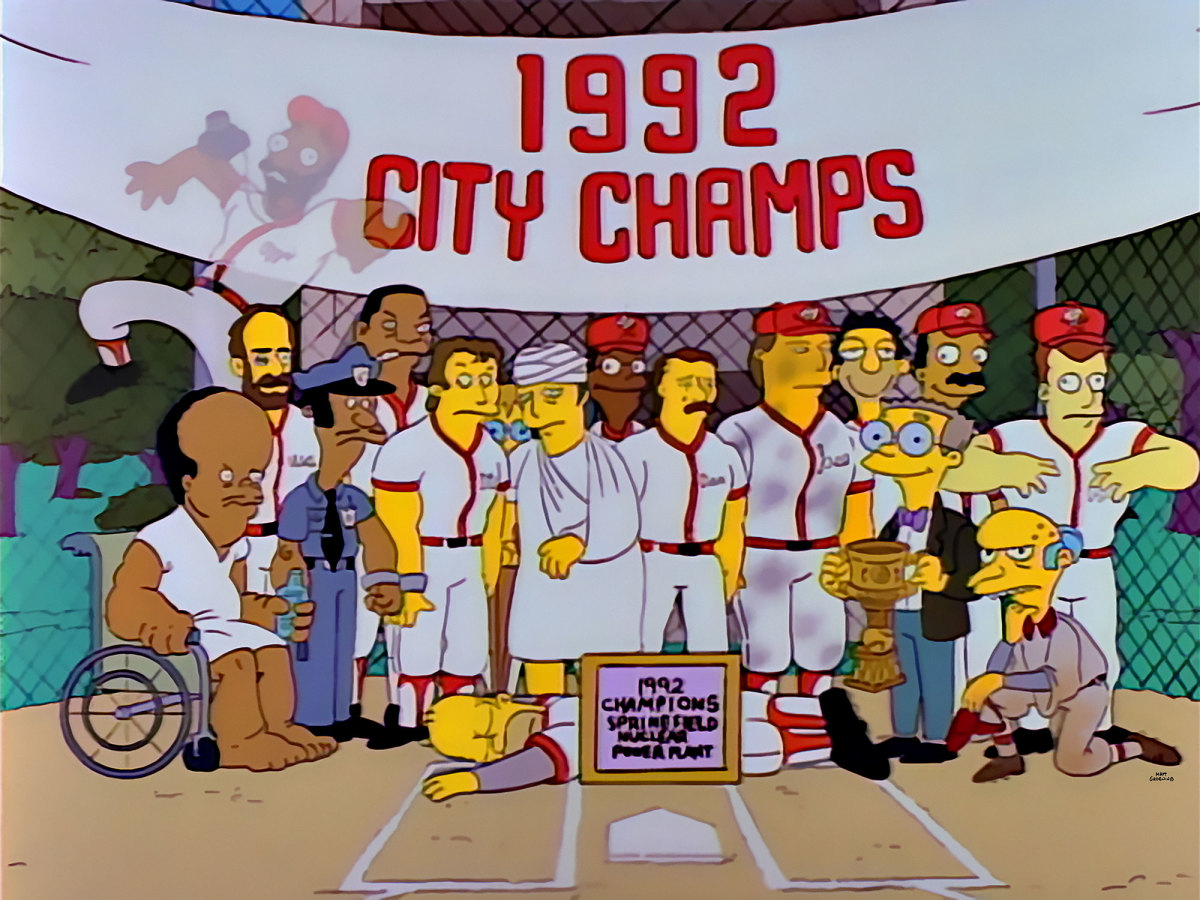 Homero celebra un título de baseball en el capítulo 'Homero al Bat' de los Simpson.