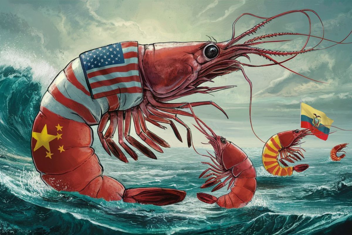 Prompt: Camarones con las banderas de China, EEUU y Ecuador, en medio del mar. El camarón de EEUU es más grande. Comercio.