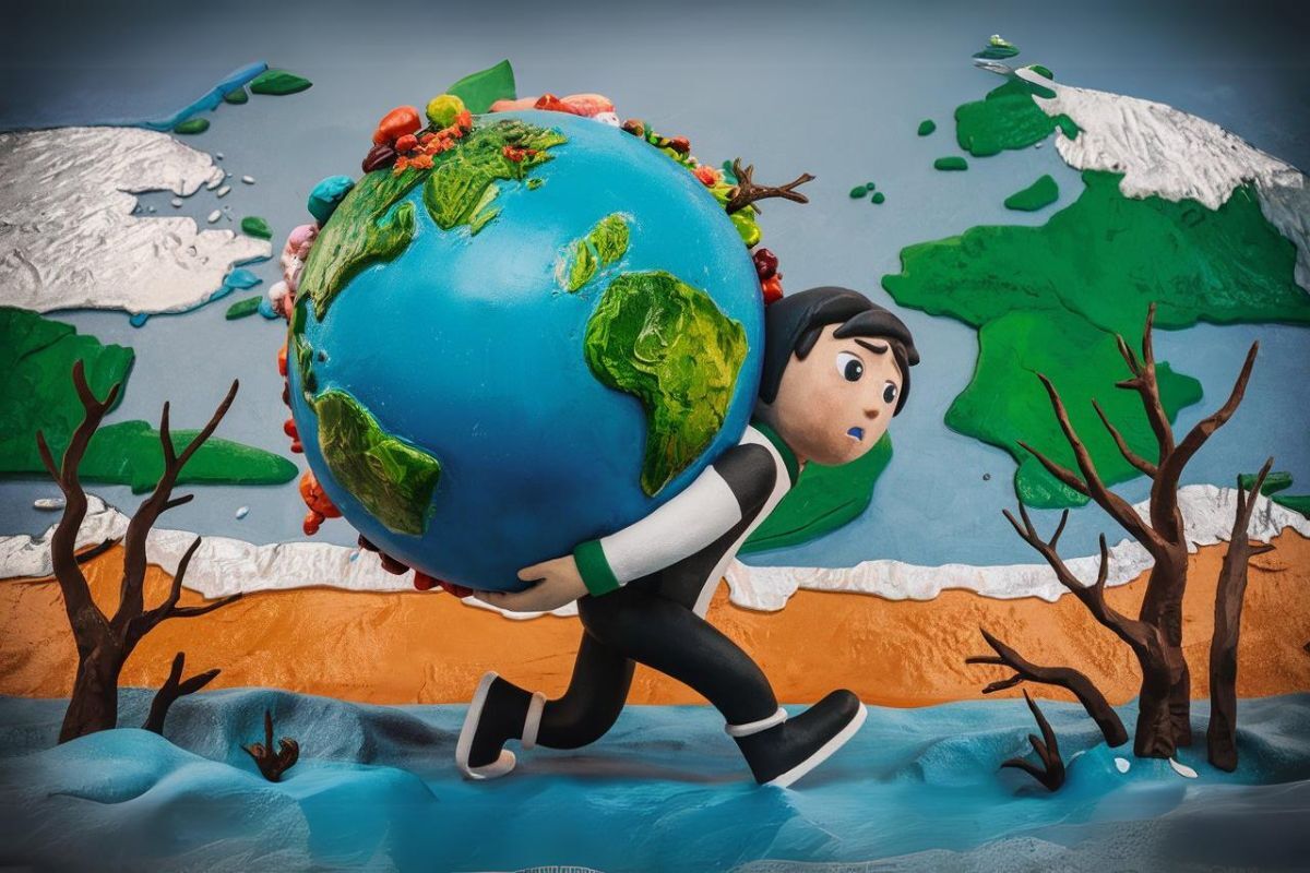 Imagen generada en Ideogram con el promt: persona cargando el planeta a cuestas, cambio climático, estilo plastilina.