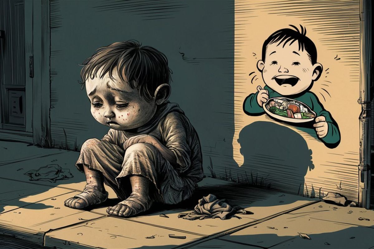 Imagen creada en Ideogram con el prompt: Niño desnutrido sentado en la vereda, detrás de él se observa su sombra y un cartel de un niño comiendo.