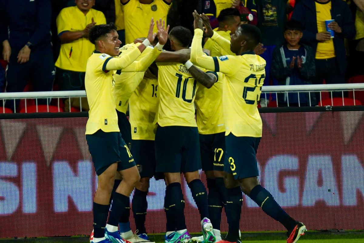 Jugadores de la Selección de Ecuador festejan en un partido de la Copa Sudamericana.