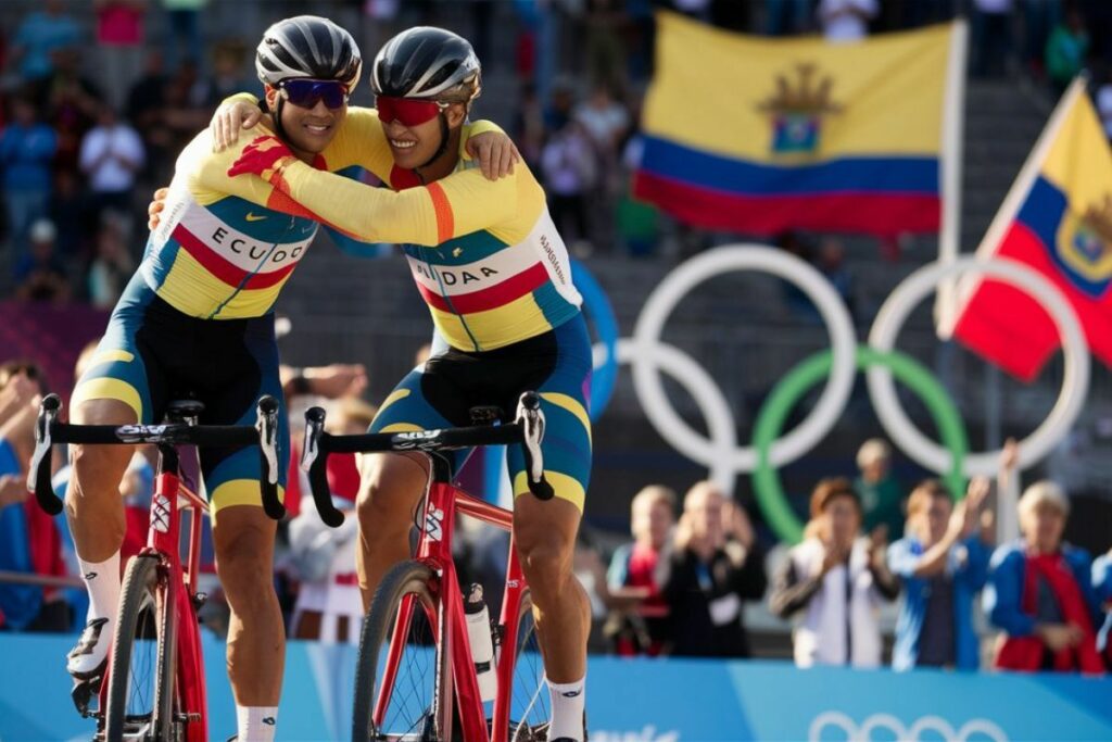 Imagen creada en Ideogram con el promt: Ciclistas ecuatorianos abrazados esperando un cupo en las olimpiadas.