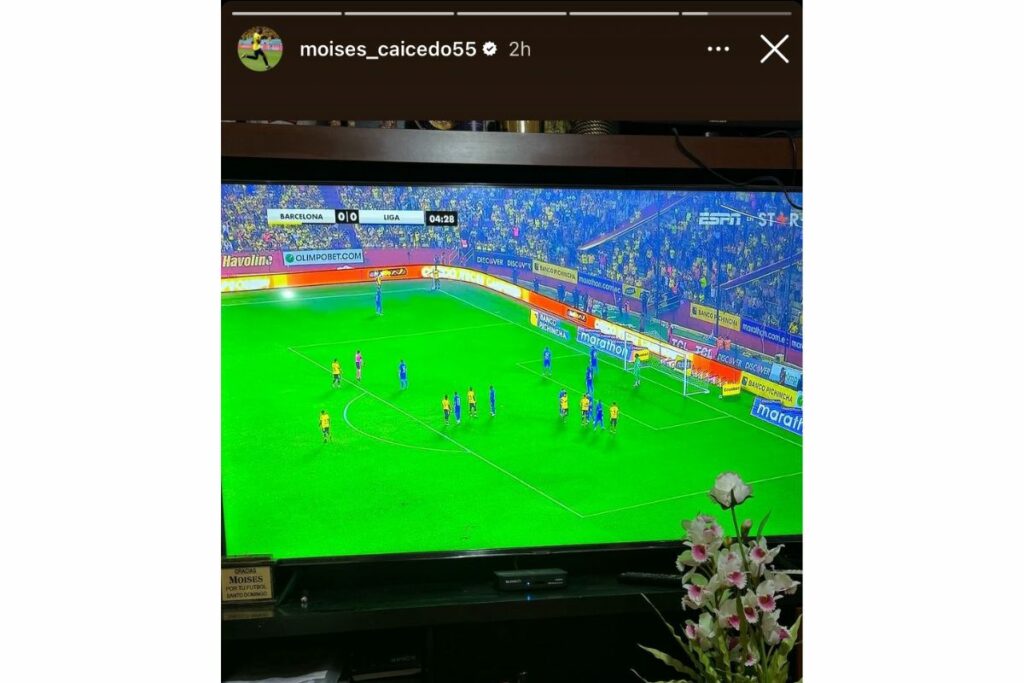Historia de Instagram que subió Moisés Caicedo sobre el partido de Barcelona SC y Liga de Quito.