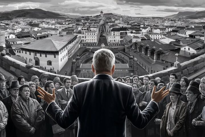 Imagen creada en Ideogram con el prompt: Un plano general de la ciudad de Quito Ecuador con un político de espaldas dando un discurso, en tonalidades grises.