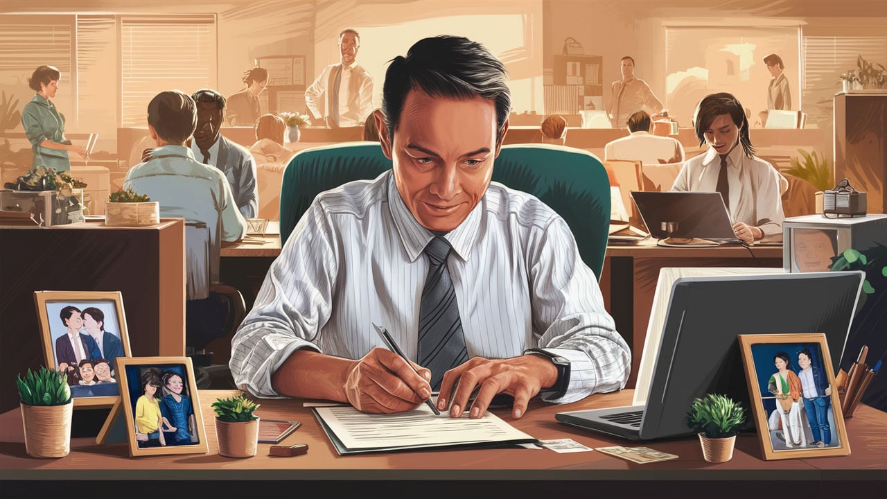 Imagen creada en Ideogram con el prompt: Ilustración de un empleado adulto trabajando en su escritorio con dedicación.