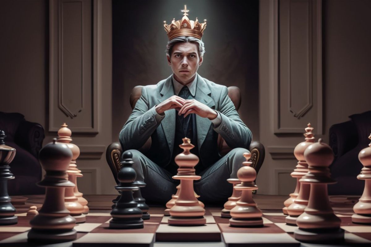 Creado con IA. Prompt: Un hombre parado en un tablero de ajedrez como si fuera el rey en medio de otras fichas. Liderazgo.