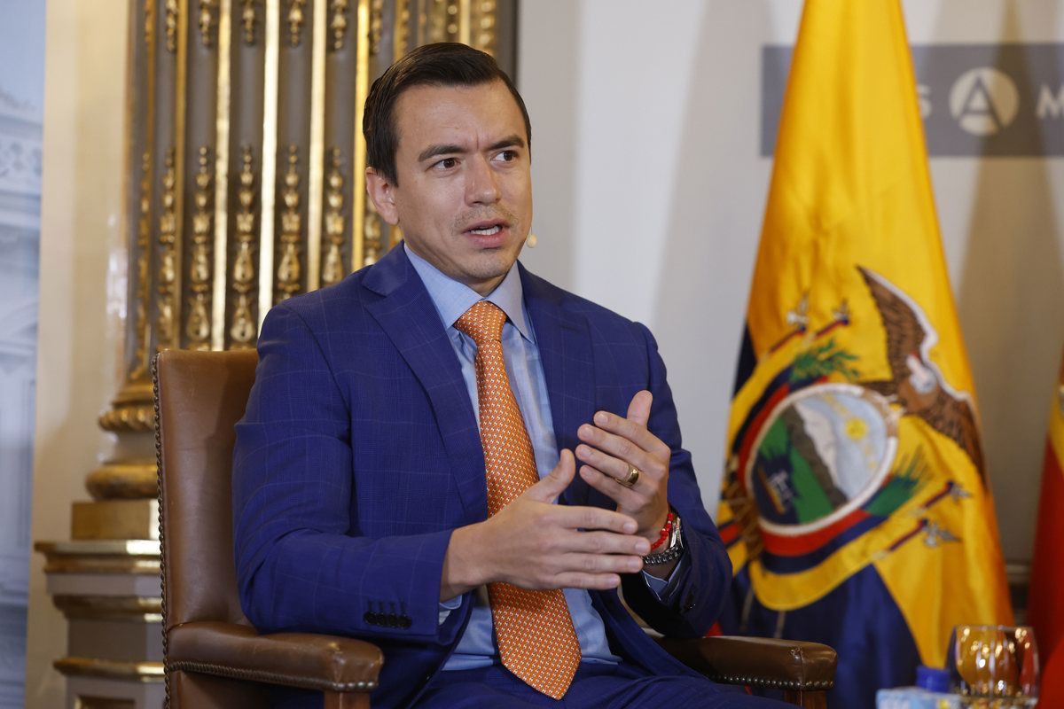 El presidente de Ecuador, Daniel Noboa, participó en la Tribuna EFE-Casa América en la sede de Casa América en Madrid, donde fue entrevistado por el presidente de la agencia EFE, Miguel Ángel Oliver, este viernes.