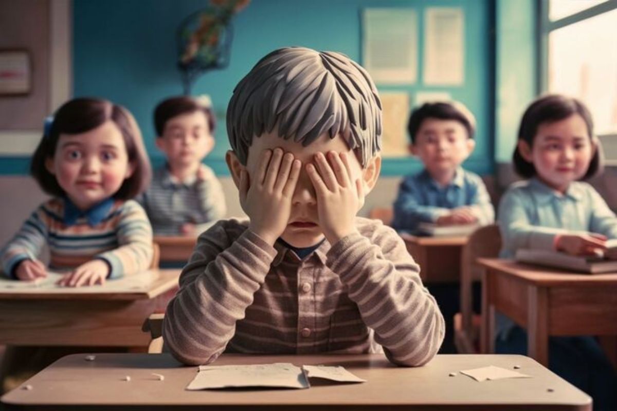 Imagen creada en Ideogram con el Prompt: Niño con depresión sentado en el aula de clases.