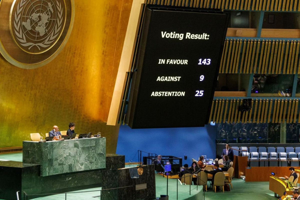 Vista de la votación en la Asamblea General de la ONU de la iniciativa para considerar la integración de Palestina como Estado de pleno derecho del organismo, en Nueva York (EE.UU.).