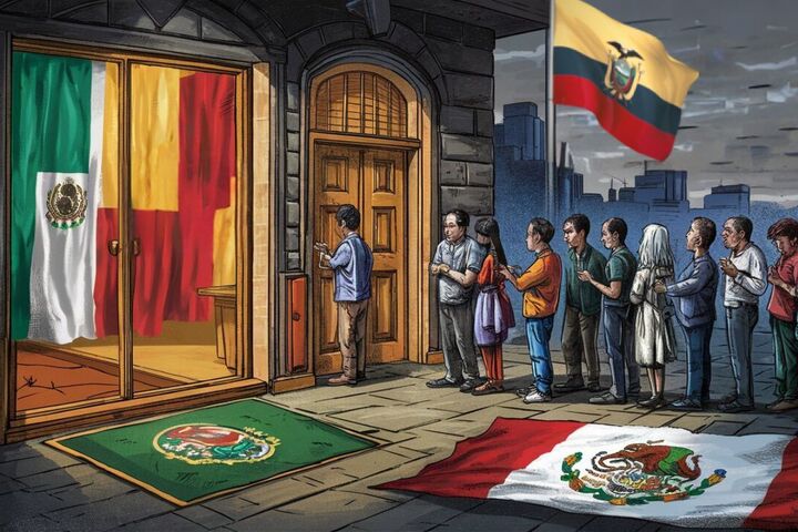 Imagen creada en Ideogram con el prompt: Gente haciendo fila en la embajada de México que se encuentra cerrada, cobijada por una bandera gigante.